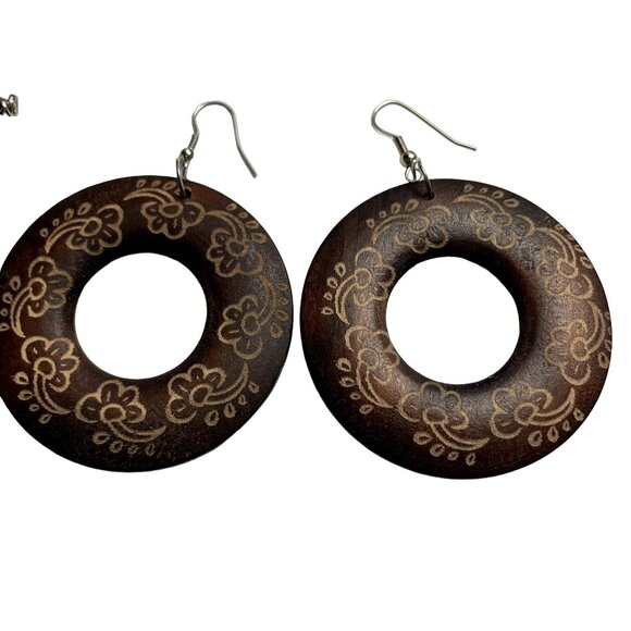 Large Lightweight Pierced Dangle Hook Wood Earring Necklace Set u Handmade Boho - Picture 2 of 4